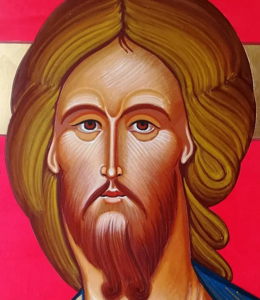 Icona ortodossa dipinta a mano da Nicola Damiano raffigurante il Volto di Cristo con espressivi occhi scuri, capigliatura scriminata al centro, barba e aureola crucifera su fondo in foglia d'oro.