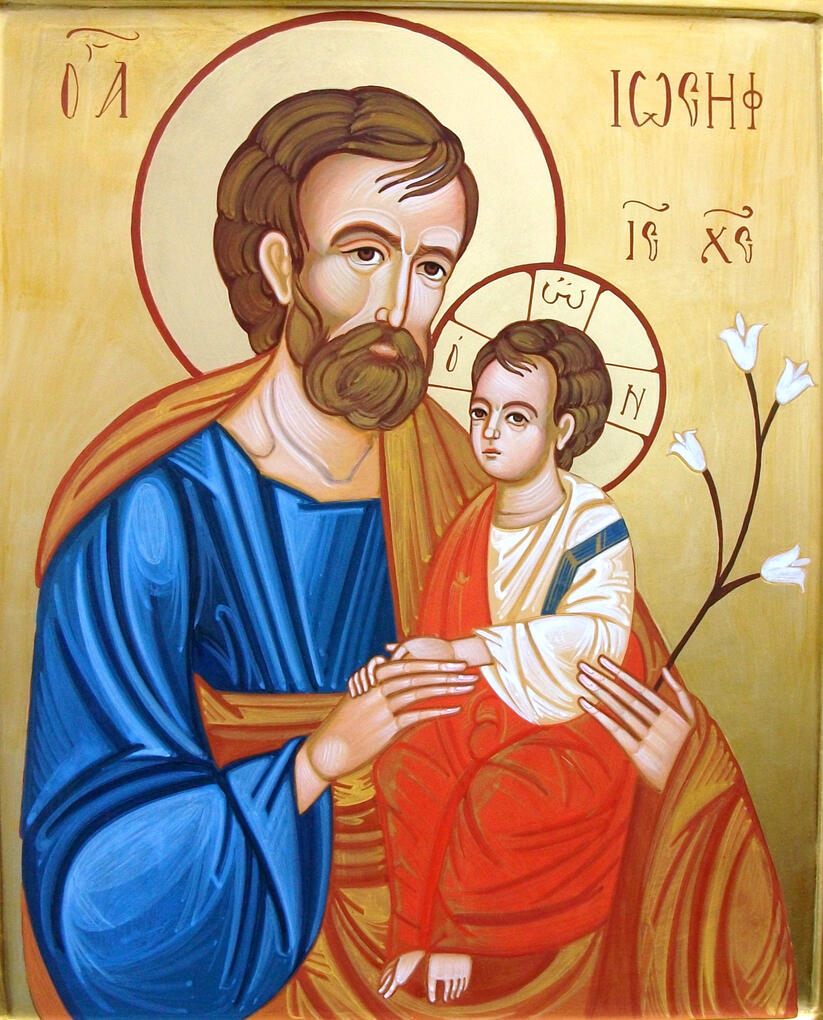 Icona di San Giuseppe con Gesù bambino dipinta a mano con antiche tecniche greco ortodosse dal laboratorio iconografico dell'artista Nicola Damiano