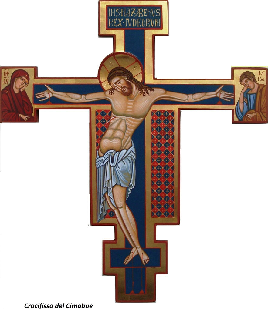 "Riproduzione dipinta a mano del Crocifisso di Cimabue su tavola di legno dipinto dal maestro iconografo Nicola Damiano