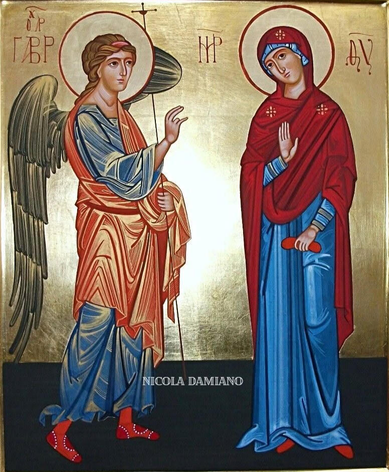 Annunciazione della Madre di Dio Icona in stile greco ortodosso dell'Annunciazione dipinta dal laboratorio di arte sacra di Nicola Damiano. l'Arcangelo Gabriele con veste luminosa e ali spiegate reca il messaggio divino alla Vergine Maria, vestita del tipico maforion scuro, in un'atmosfe