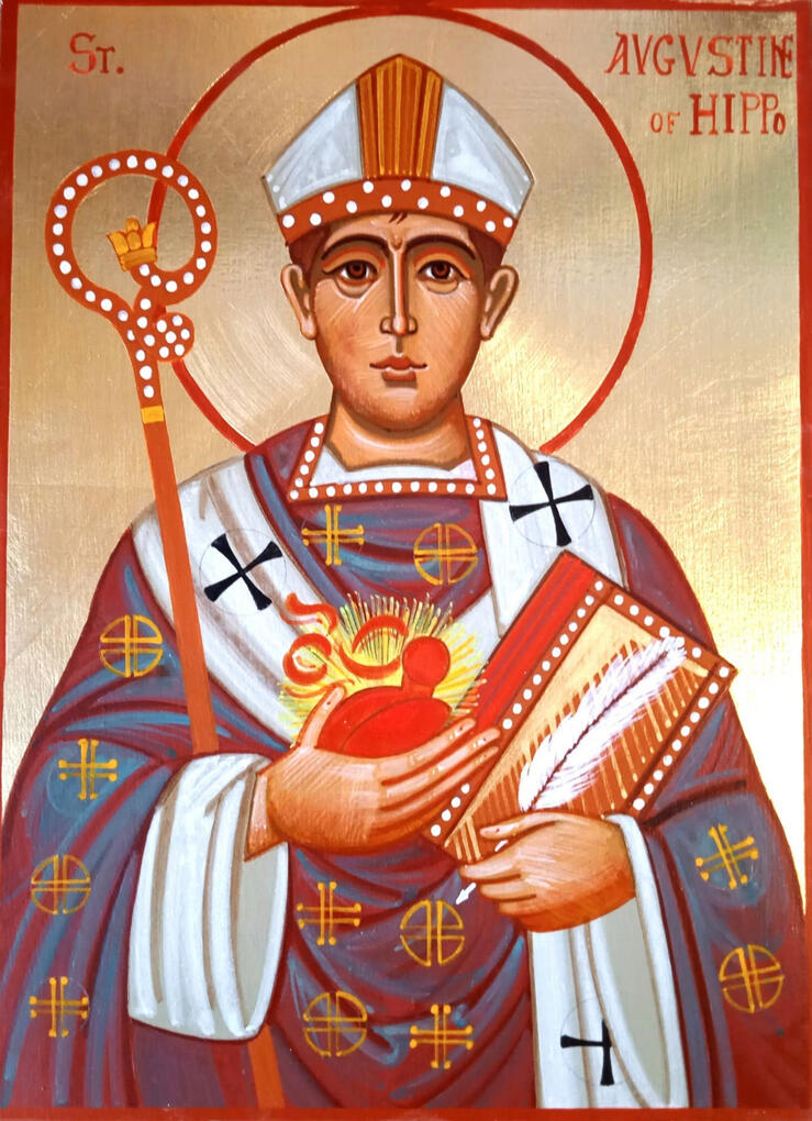 "Icona sacra di Sant'Agostino d'Ippona dipinta da Nicola Damiano. Il Santo Vescovo e Dottore della Chiesa è raffigurato in abiti episcopali tradizionali, con lo sguardo solenne, mentre regge un libro sacro e un cuore fiammante, simbolo del suo amore per la
