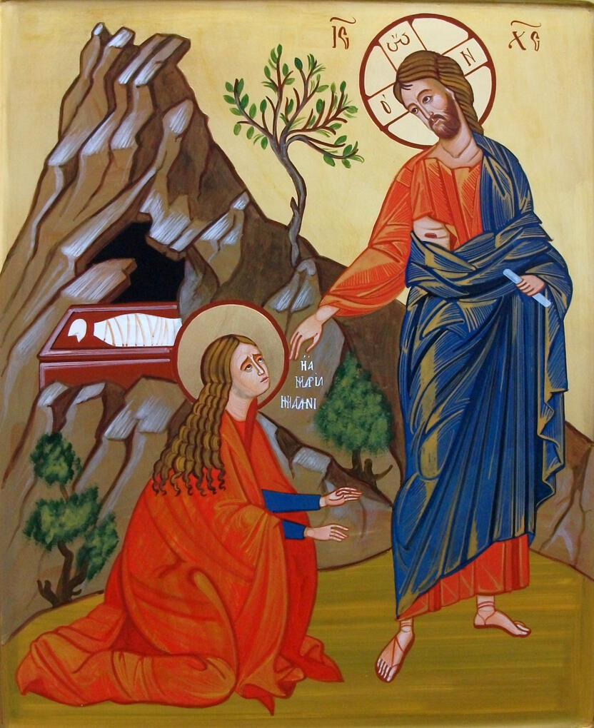 "Icona greco ortodossa del "Noli me tangere" dipinta a mano dall'artista Nicola Damiano.. Sulla sinistra, Maria Maddalena è inginocchiata protesa verso Cristo Risorto, che si trova sulla destra con veste luminosa e la mano tesa in un gesto di benedizione o