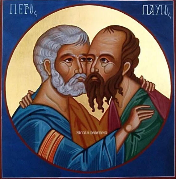 Santi Pietro e Paolo "Icona sacra dipinta da Nicola Damiano raffigurante il solenne abbraccio tra i Santi Apostoli Pietro e Paolo, simbolo di unità della Chiesa, con aureole dorate e dettagli minuziosi secondo la tradizione iconografica."