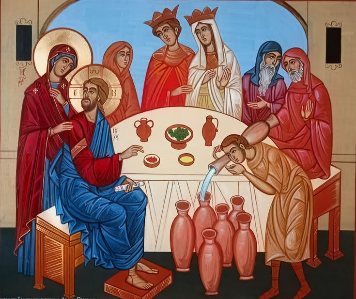 "Opera d'arte sacra dipinta a mano da Nicola Damiano raffigurante il primo miracolo di Gesù alle Nozze di Cana, con aureole dorate, toni caldi, dettagli minuziosi sulle anfore e figure sacre in una solenne atmosfera di festa."